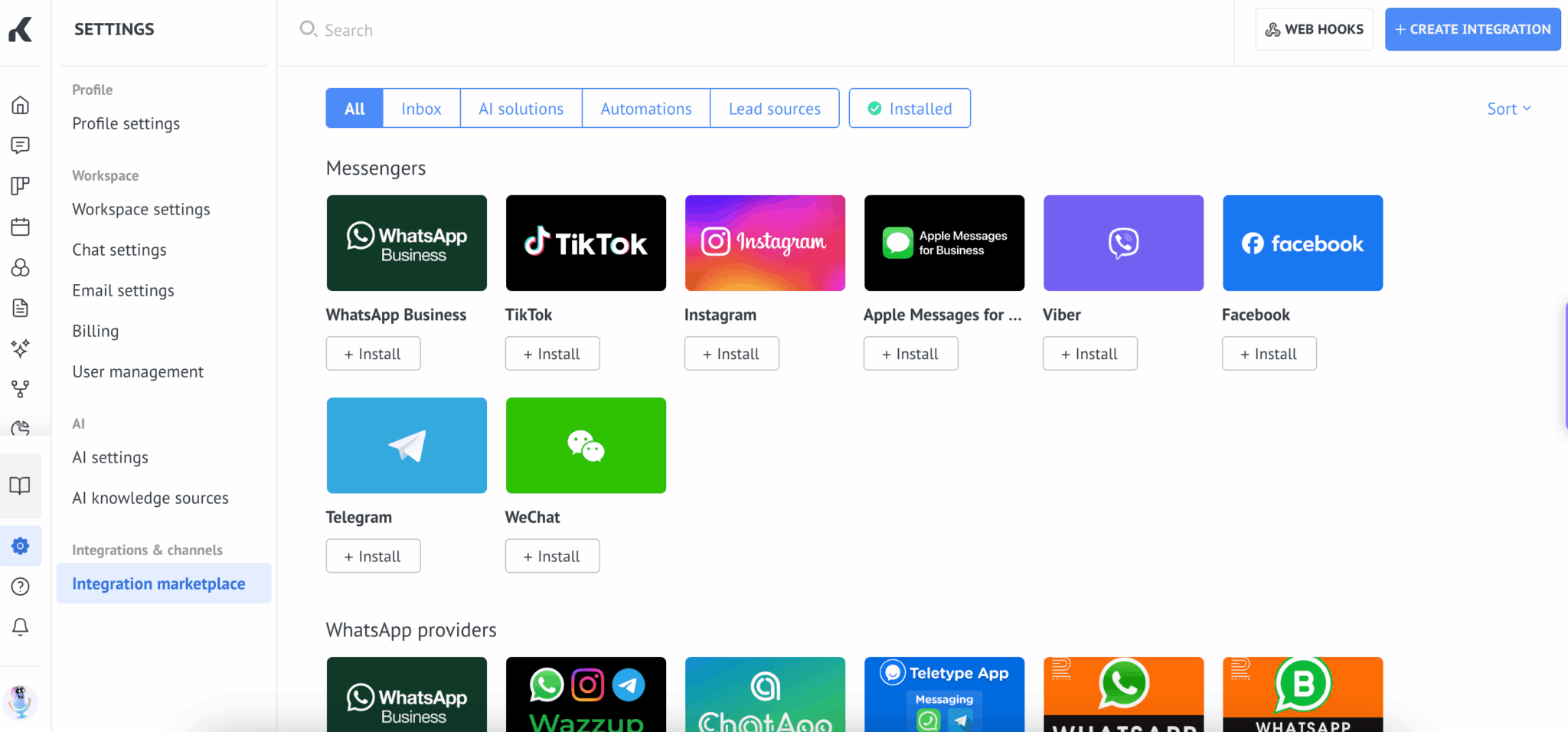 O marketplace de integrações do Kommo: WhatsApp Business, TikTok, Instagram, Apple Messages, Viber, Facebook, Telegram e WeChat