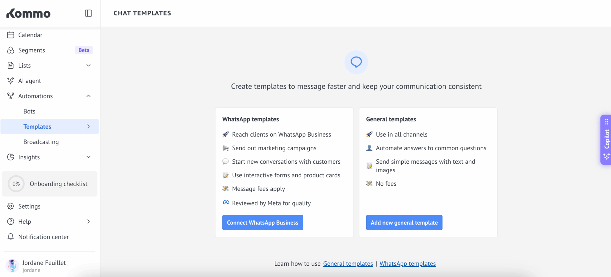 Os modelos de mensagem do Kommo, com a distinção entre modelos do WhatsApp e modelos gerais