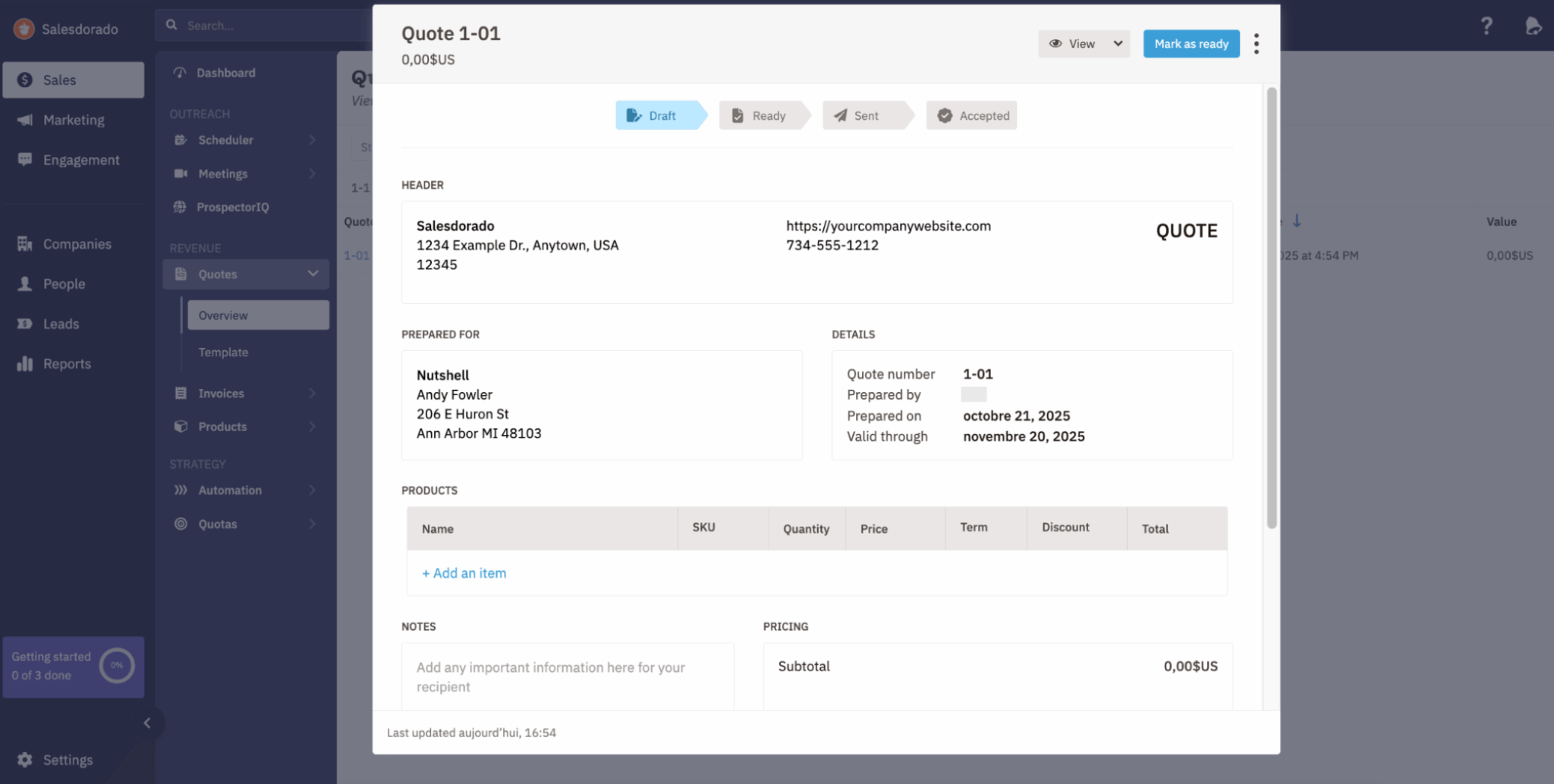 A edição de um orçamento no Nutshell, via o add-on Quotes & Invoices