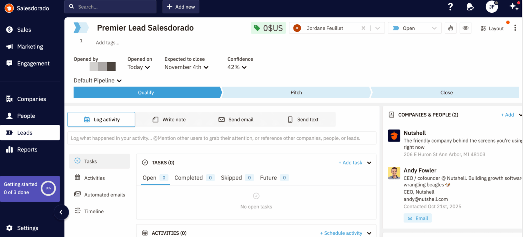 Ficha de lead no Nutshell, com o histórico das trocas