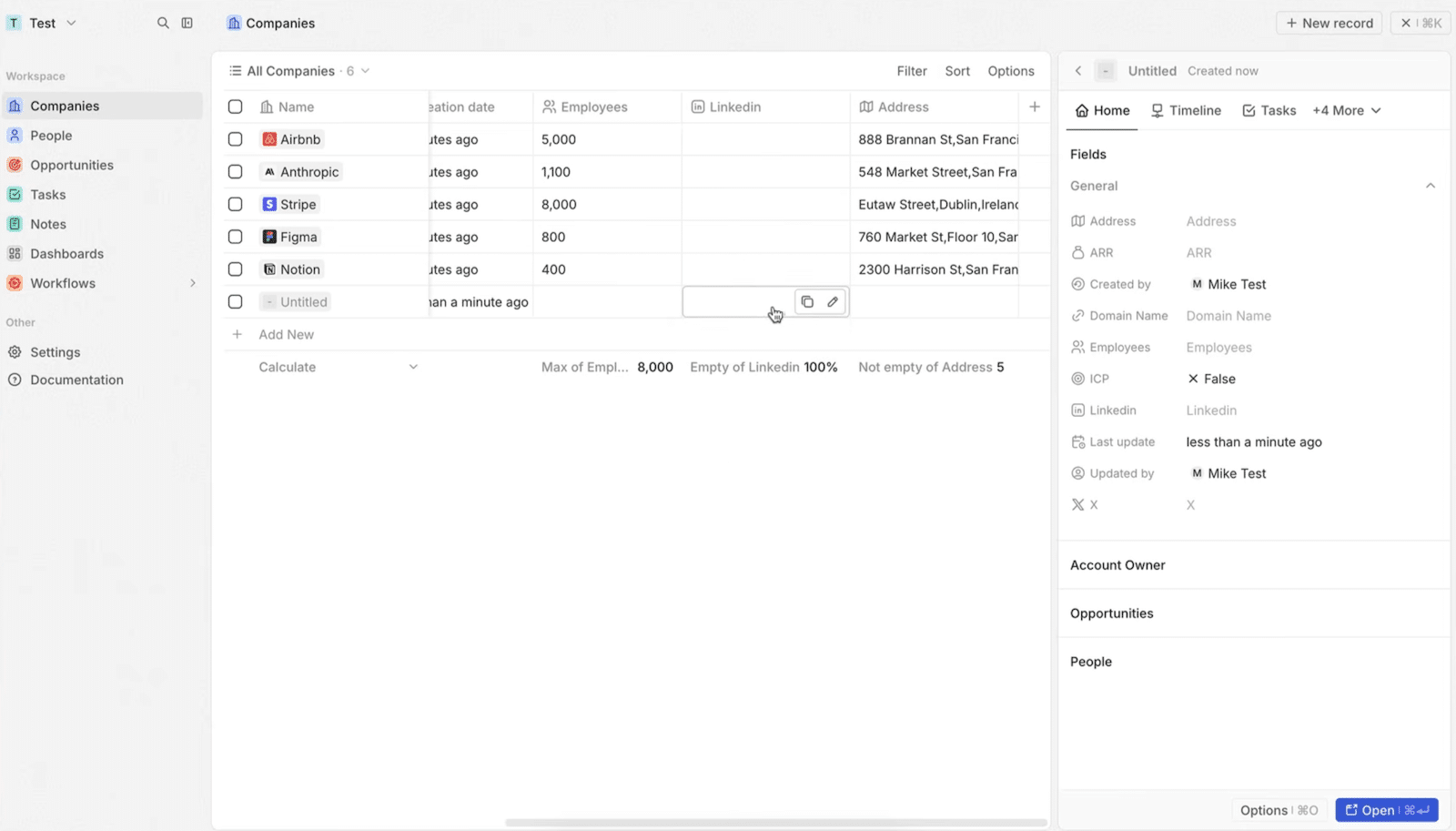 La vue Companies de Twenty CRM avec le panneau latéral d'une fiche société
