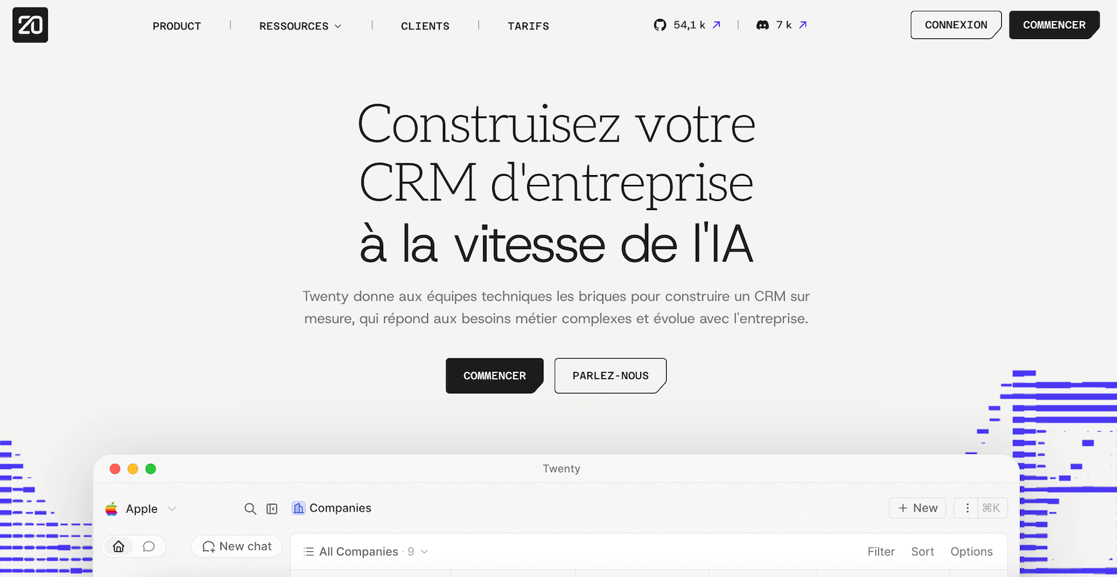 La page d'accueil de Twenty CRM, avec ses compteurs GitHub et Discord