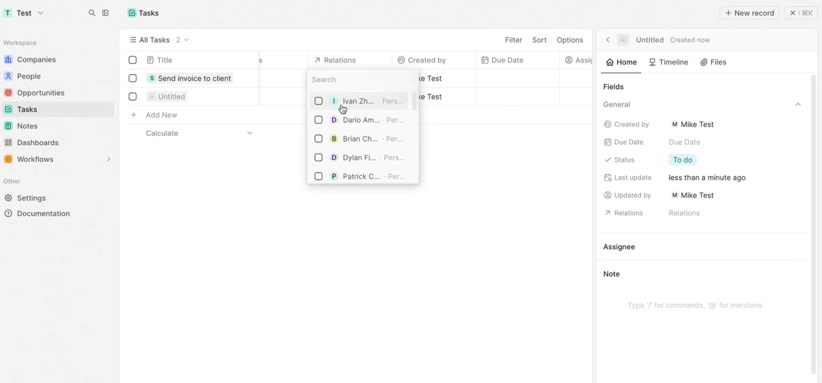 La gestion des tâches dans Twenty CRM avec rattachement à un contact