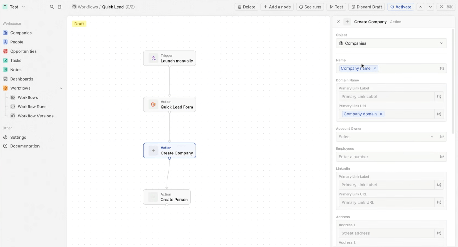 L'éditeur de workflows de Twenty CRM avec un déclencheur et des actions enchaînées