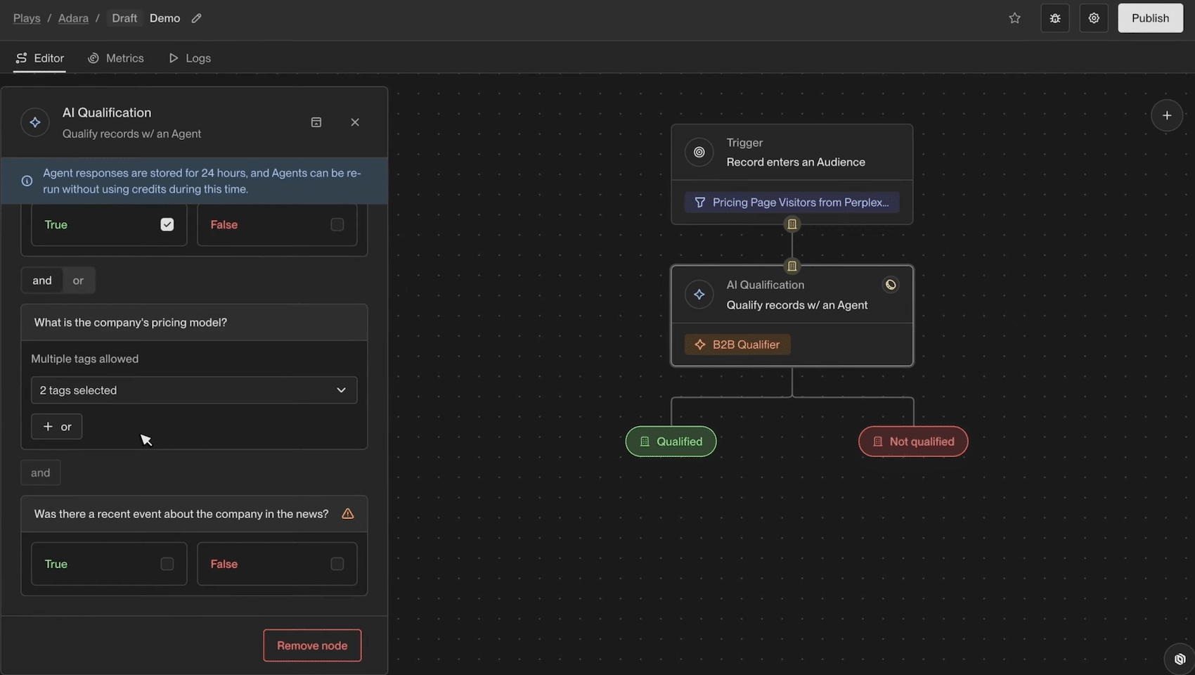 Un Play Unify construit dans le builder visuel, node par node