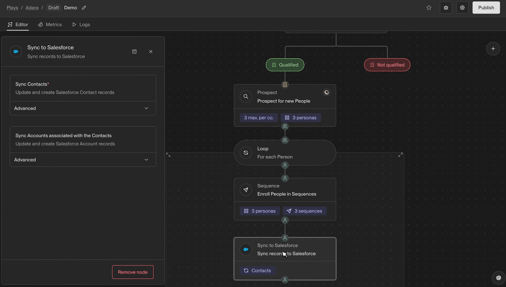Le catalogue de nodes disponibles dans le builder de Plays d'Unify