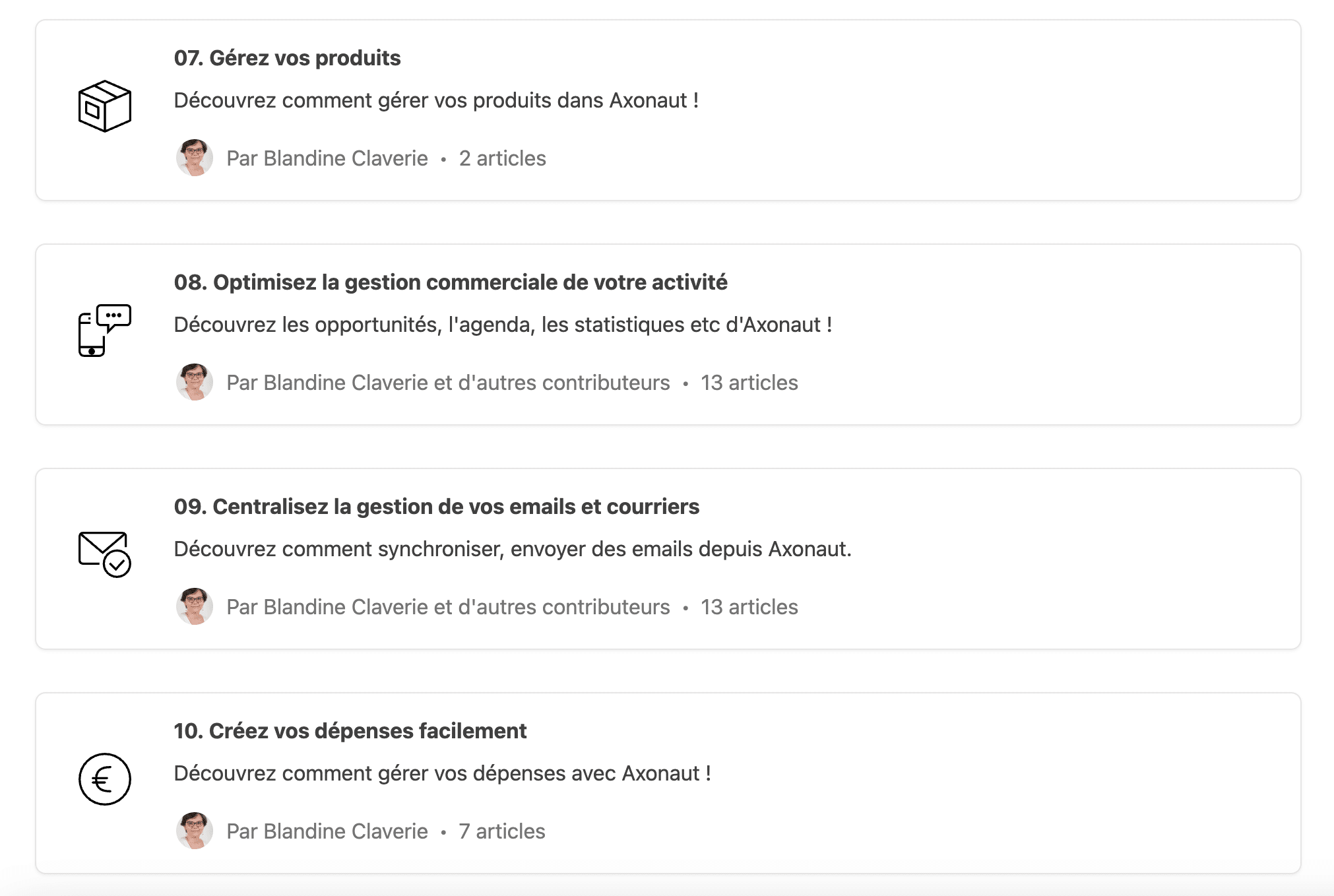 Base de conhecimento do Axonaut, com seus passo a passo classificados por tema