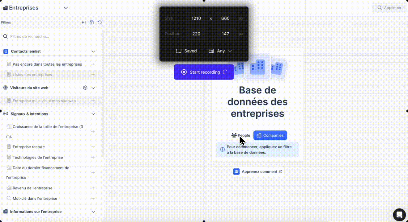 Base de dados de empresas do lemlist com filtros: visitantes do site, sinais e intenções, contratações, receita.