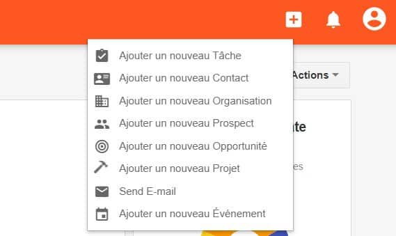 O menu do botão (+) do Insightly: adicionar uma tarefa, um contato, uma organização, um prospect, uma oportunidade, um projeto, um e-mail ou um evento