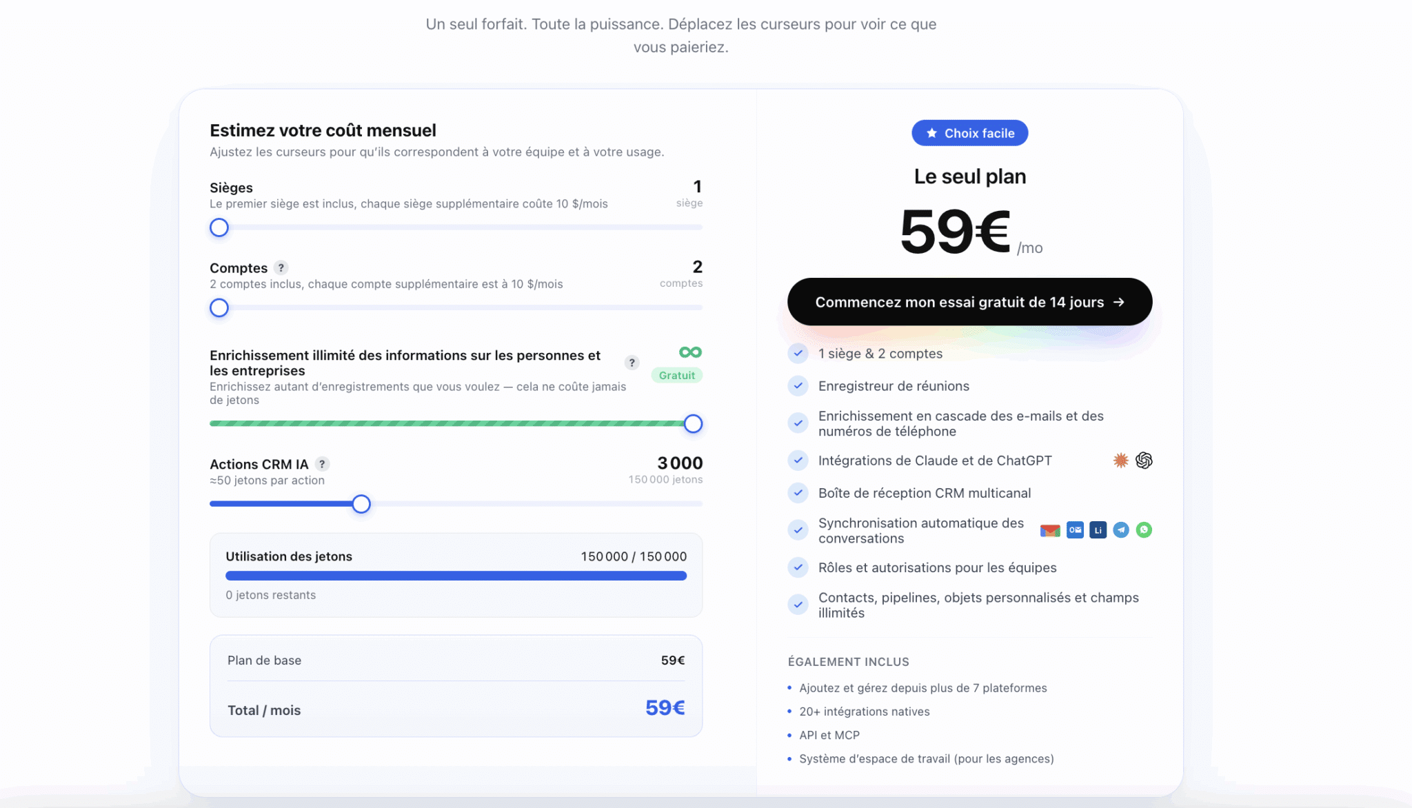 Simulador de custo mensal com controles de assentos, contas e ações de CRM com IA chegando a um plano único de 59€/mês