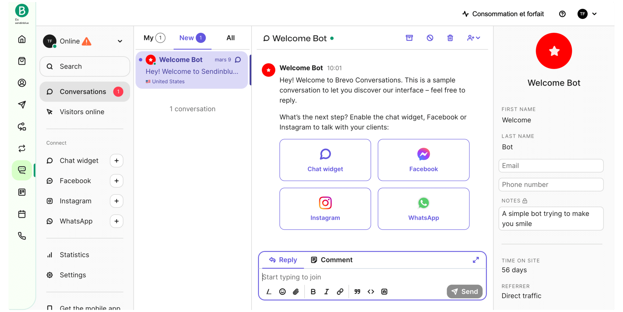 Interface Brevo Conversations : conversation avec Welcome Bot, canaux chat, Facebook, Instagram, WhatsApp et fiche contact