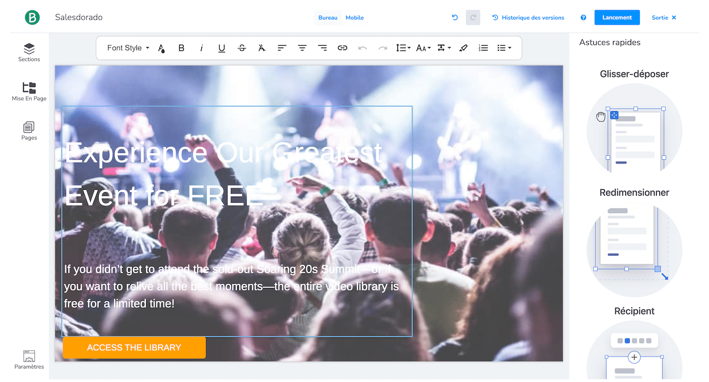 Éditeur de landing page Salesdorado : bannière événement avec titre, texte et bouton, astuces glisser-déposer à droite