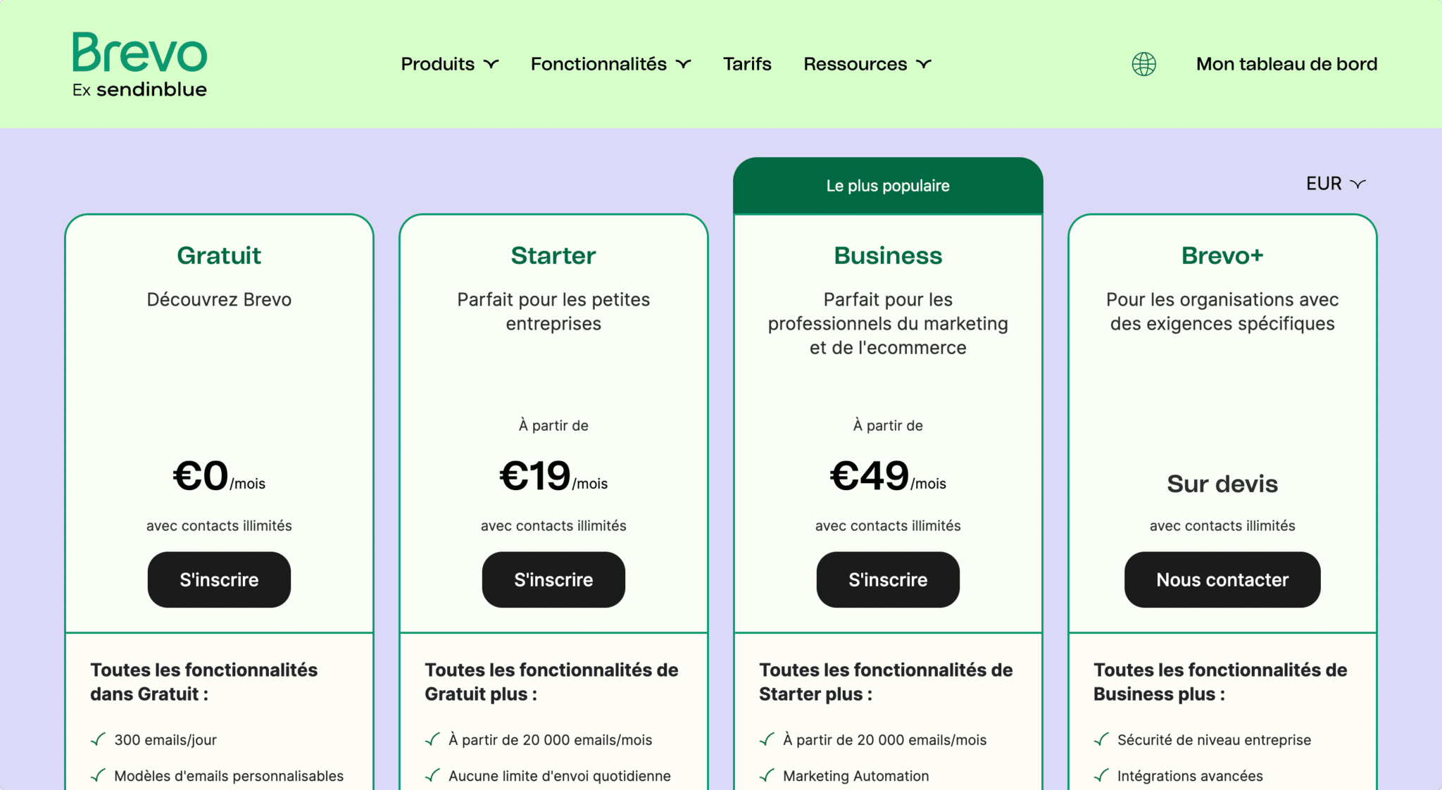 Page tarifs Brevo : offres Gratuit 0 €, Starter 19 €/mois, Business 49 €/mois et Brevo+ sur devis