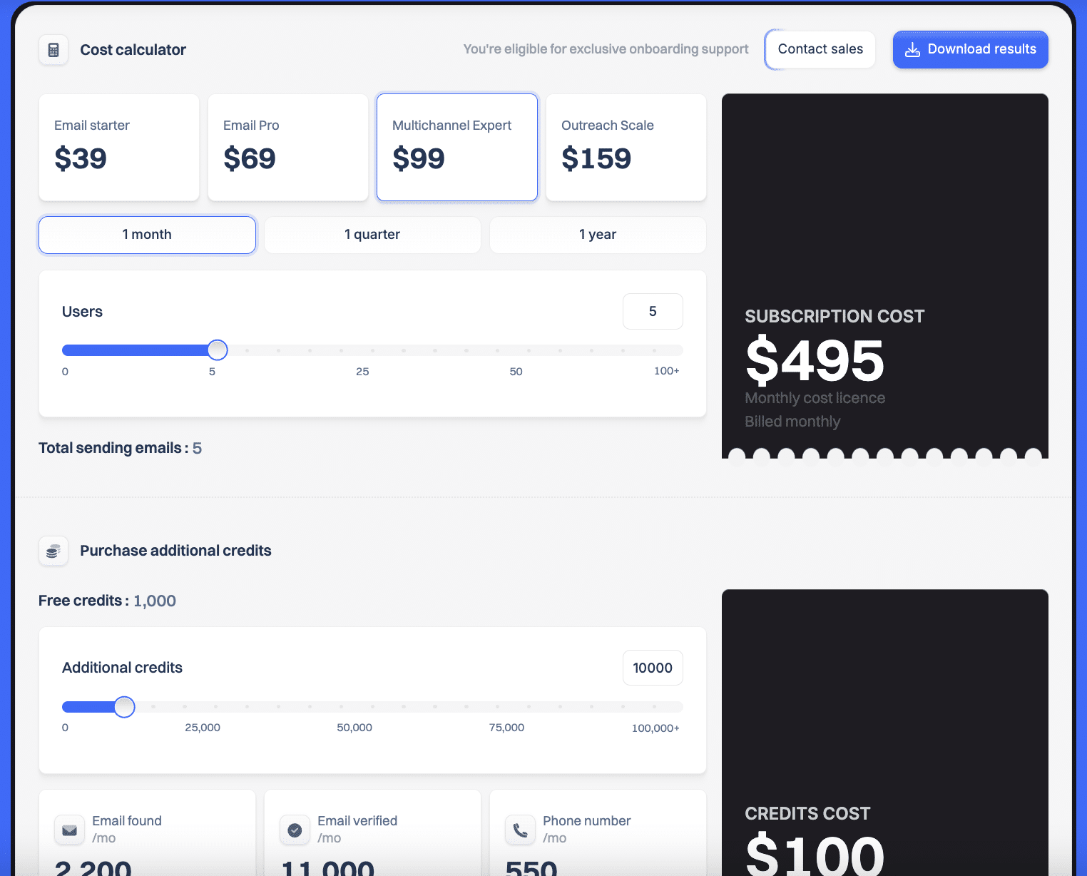 Calculadora de custo do Lemlist: planos Email Starter 39$ e Multichannel Expert 99$, 5 usuários, assinatura de 495$ e 100$ de créditos