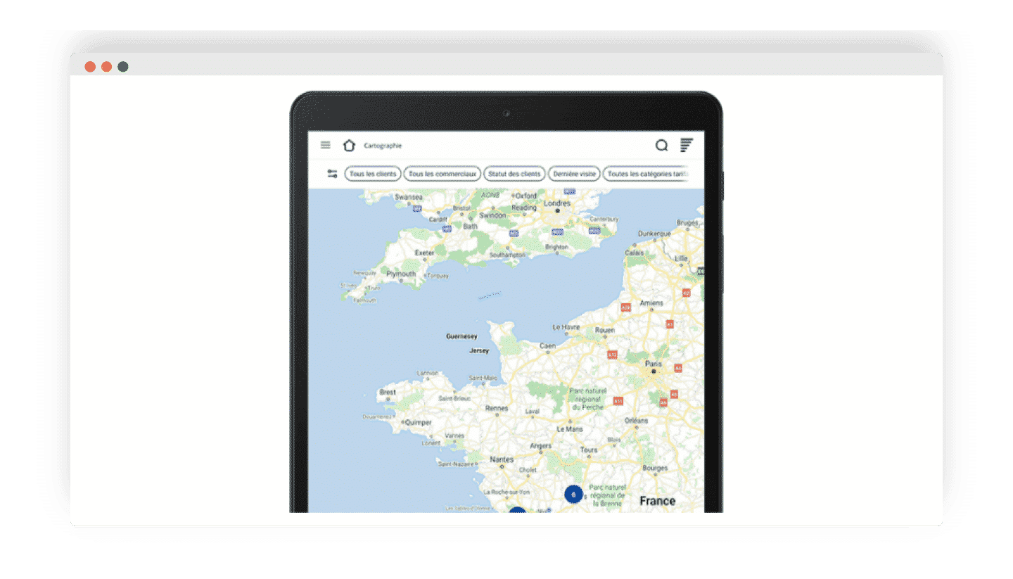 Ferramenta de cartografia do Yuto mostrando os clientes próximos em um mapa