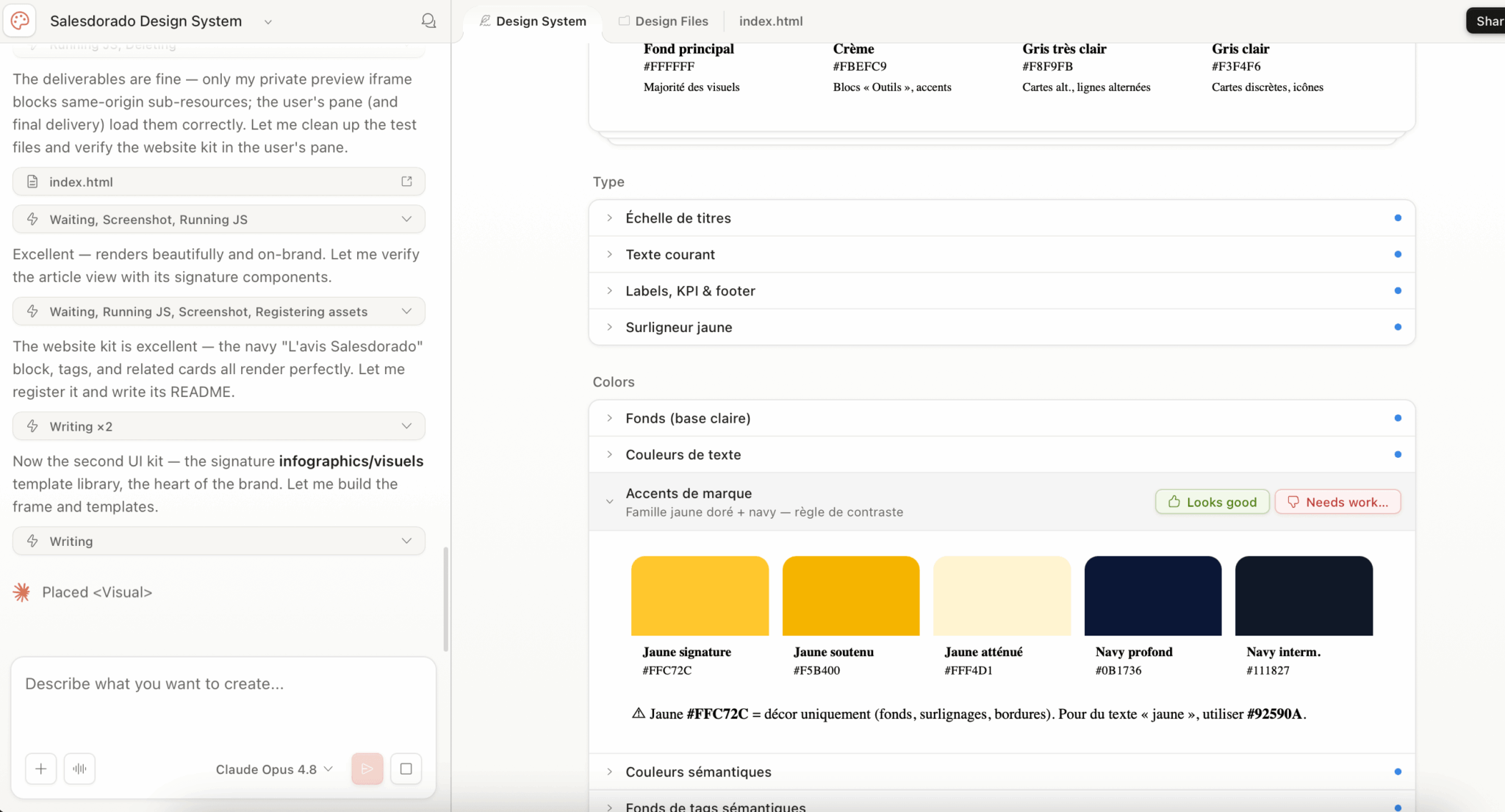 Interface do Claude gerando um design system da Salesdorado: paleta de amarelos e navy com códigos hexadecimais e regras de contraste