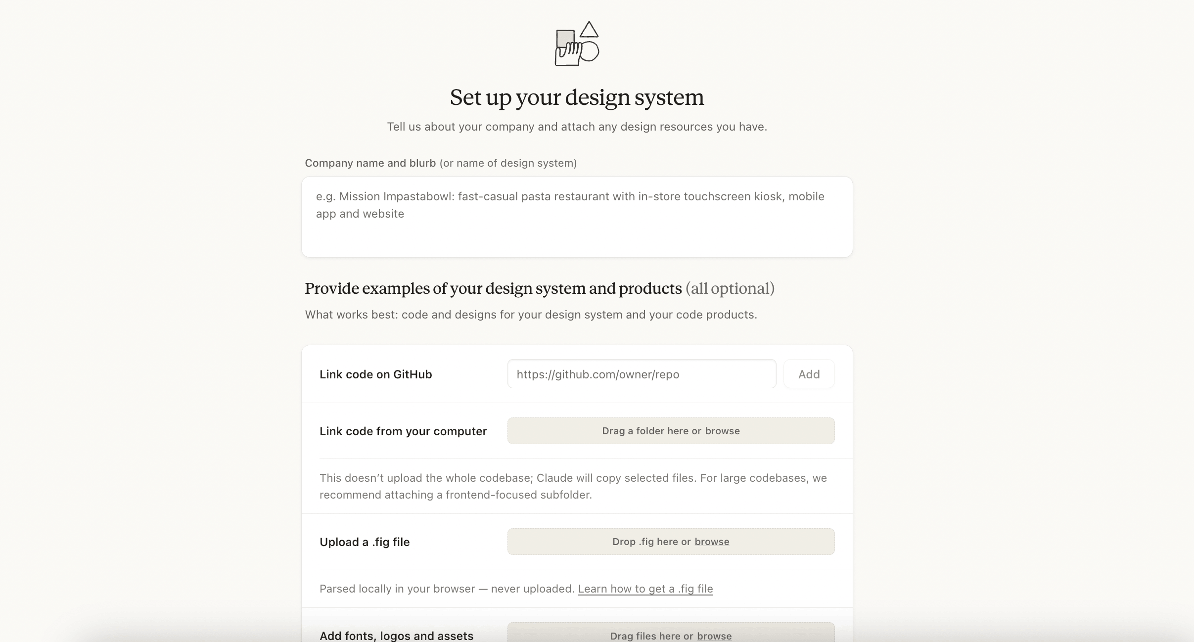 Tela « Set up your design system »: nome da empresa, link do GitHub, envio de pasta, arquivo .fig e fontes