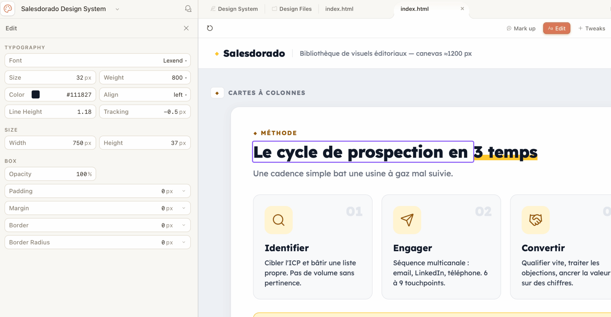 Editor de design da Salesdorado: painel de tipografia à esquerda, prévia dos cartões « Le cycle de prospection en 3 temps »