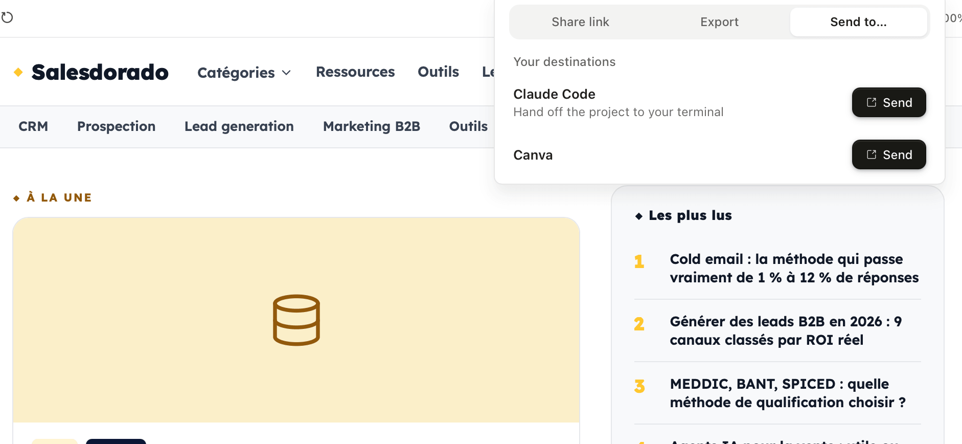 Site Salesdorado com um menu "Send to..." aberto propondo enviar o projeto para o Claude Code ou o Canva