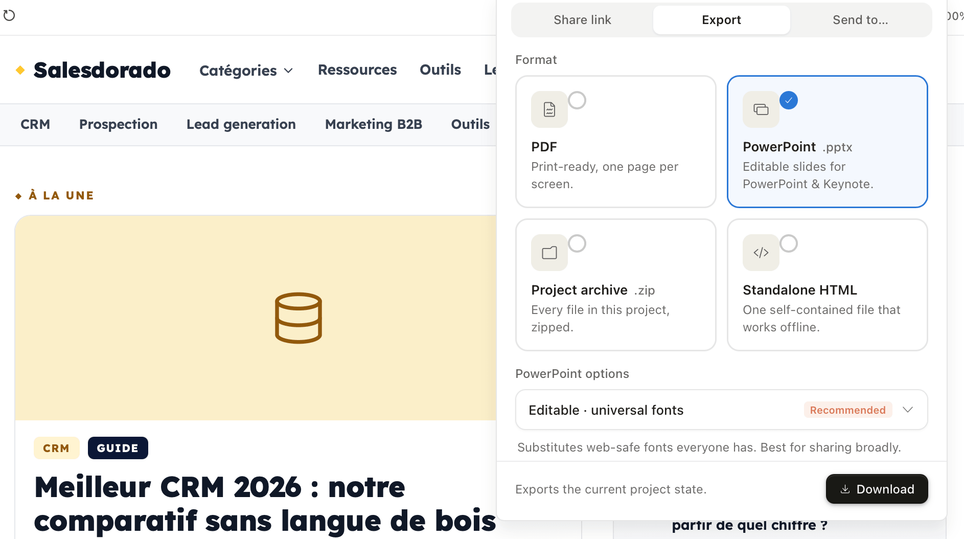 Painel de exportação de um projeto no site Salesdorado: escolha do formato PDF, PowerPoint, arquivo ZIP ou HTML autônomo.