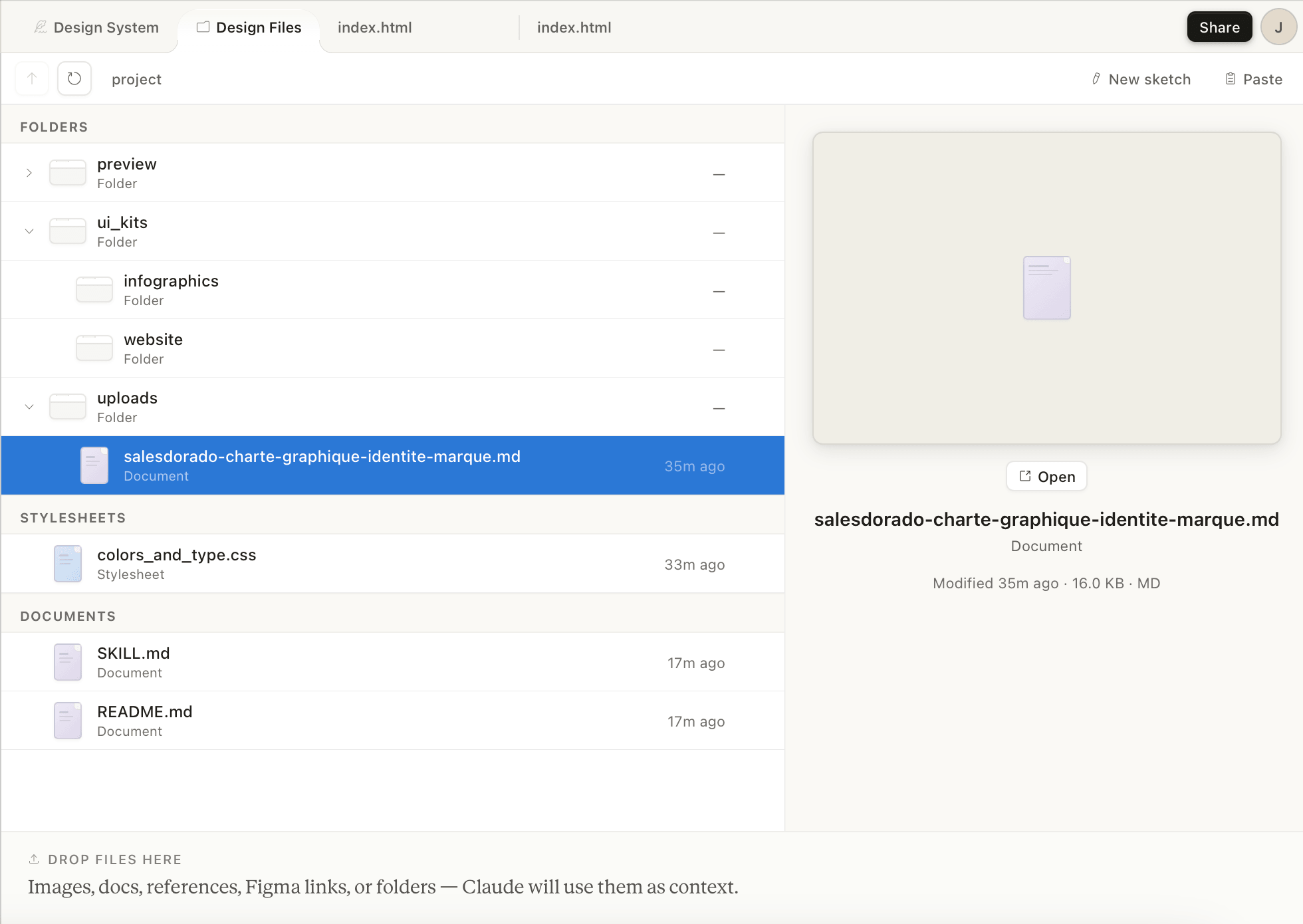 Explorador de arquivos do Claude: pastas preview, ui_kits e uploads e o documento salesdorado-charte-graphique-identite-marque.md selecionado
