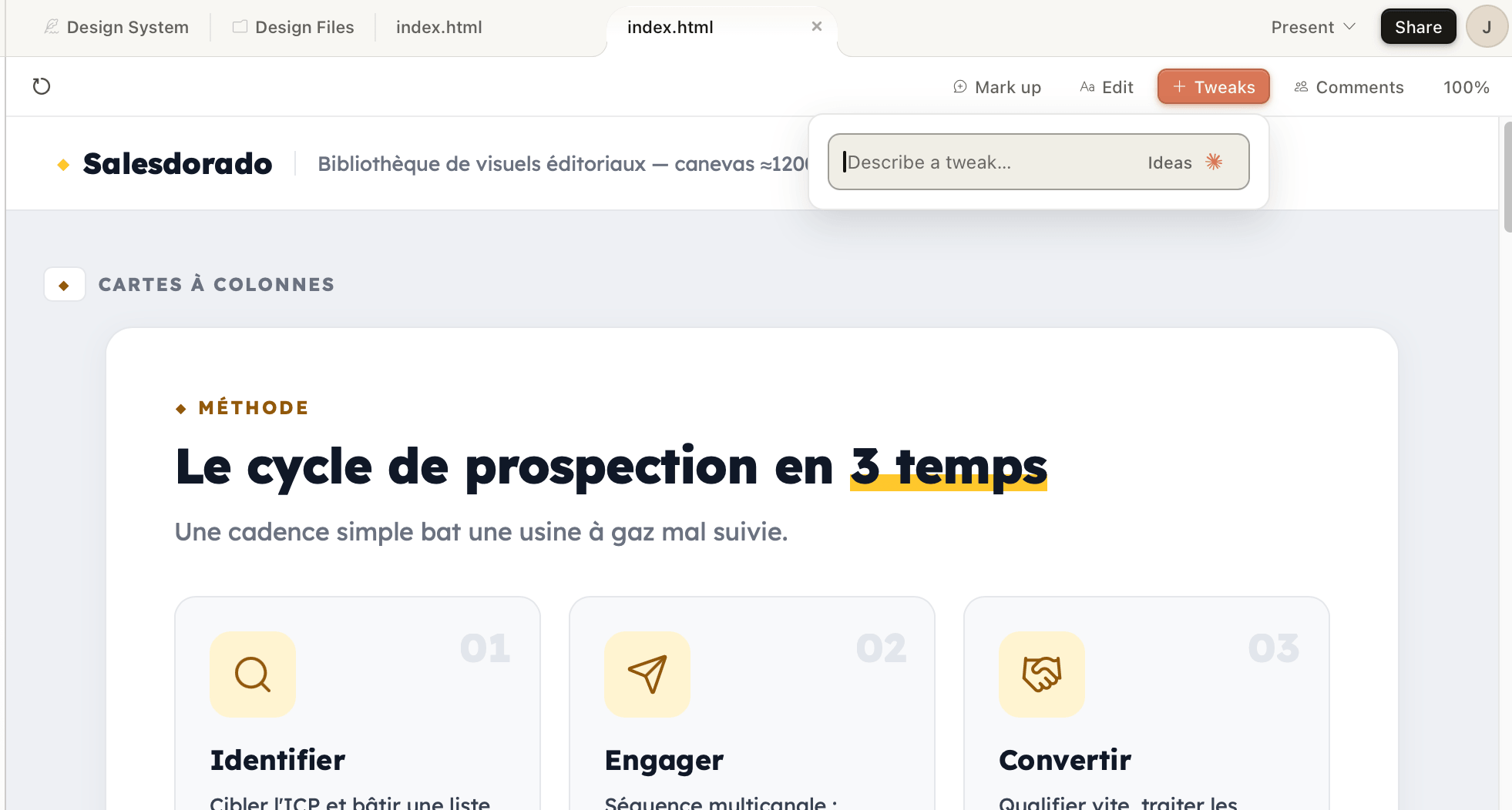 Editor visual com o campo "Describe a tweak" numa página da Salesdorado: "Le cycle de prospection en 3 temps".