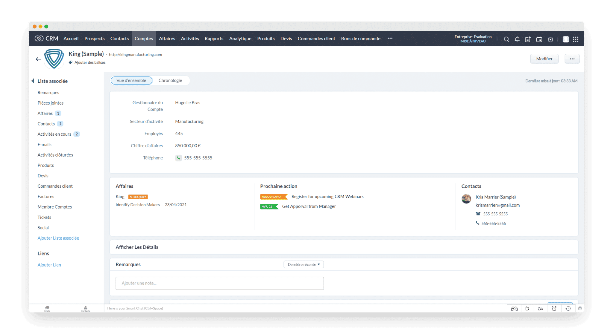 Une fiche compte entreprise dans Zoho CRM avec les contacts rattachés