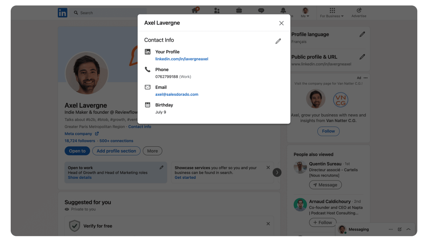 Profil LinkedIn d'Axel Lavergne avec la fenêtre Contact Info affichant URL, téléphone, email et anniversaire
