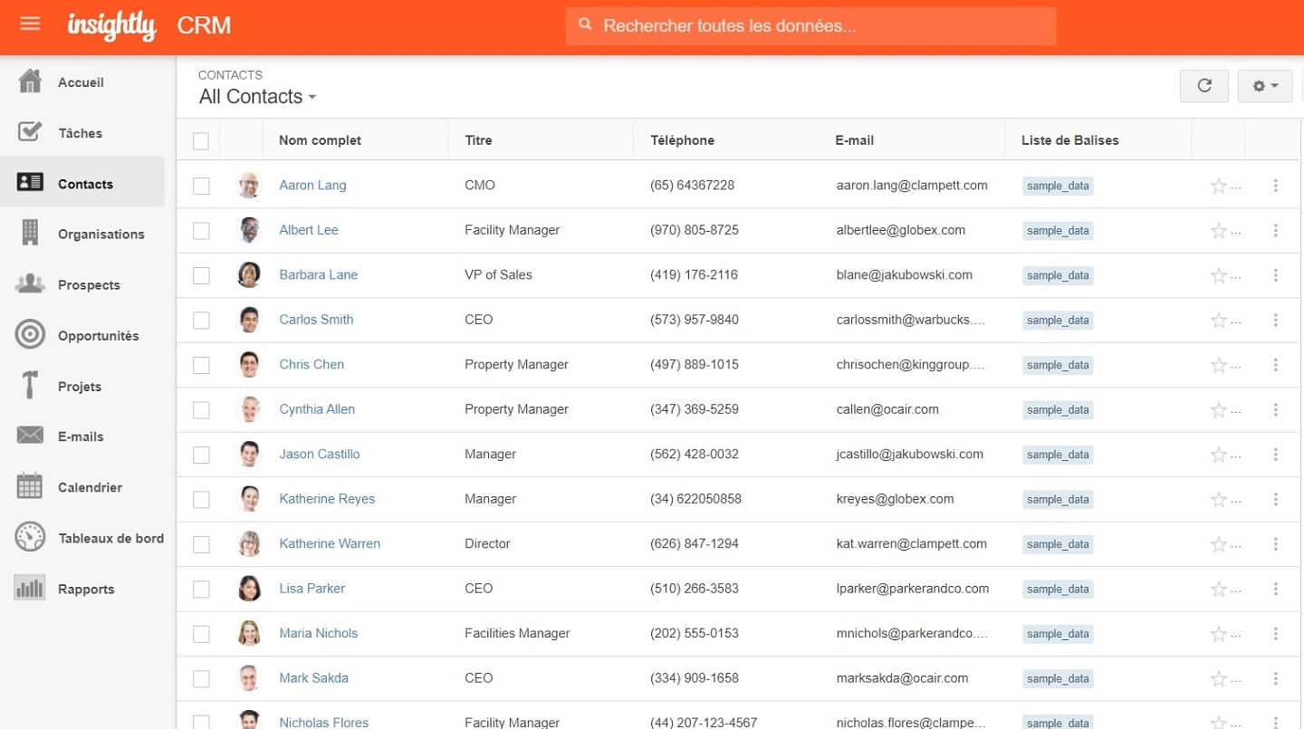 A lista de contatos do Insightly, com foto, cargo, telefone, e-mail e lista de etiquetas
