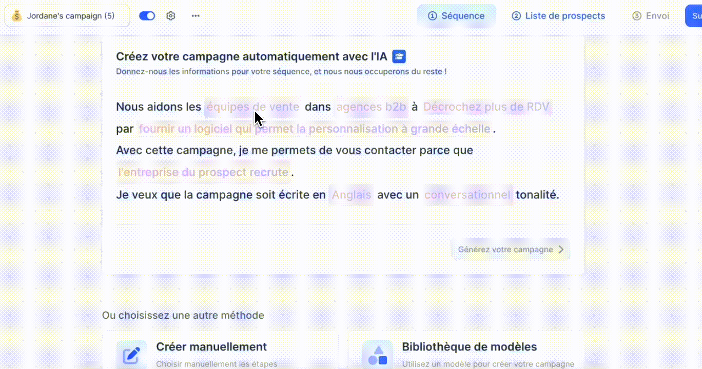 Criação de uma campanha por IA: formulário a preencher com alvo, oferta, idioma e tom antes da geração