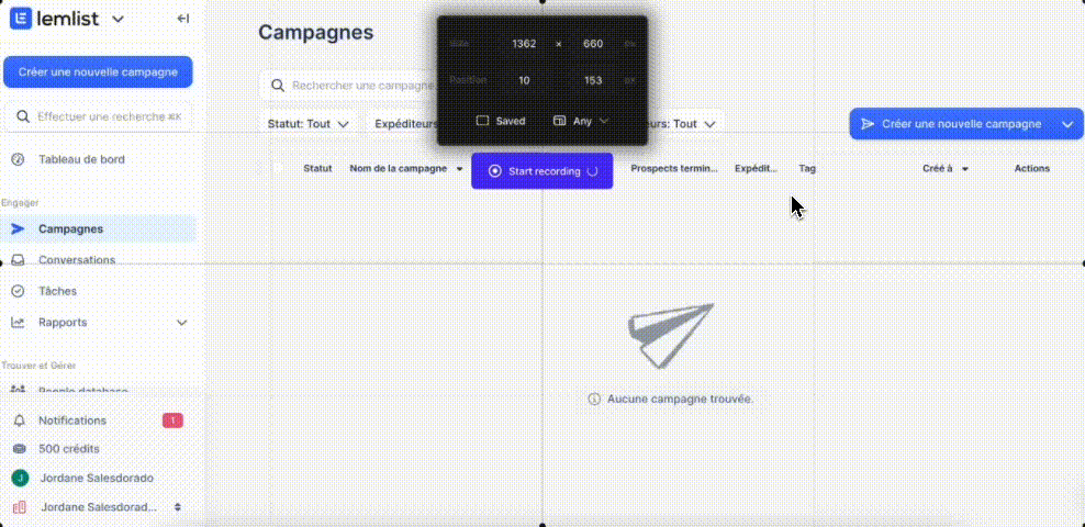 Interface do Lemlist, página Campanhas vazia mostrando "Nenhuma campanha encontrada" e o botão Criar uma nova campanha