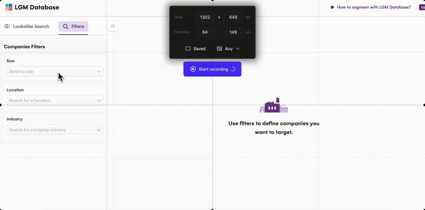 La recherche de prospects dans la base de données de La Growth Machine, par taille, localisation et secteur