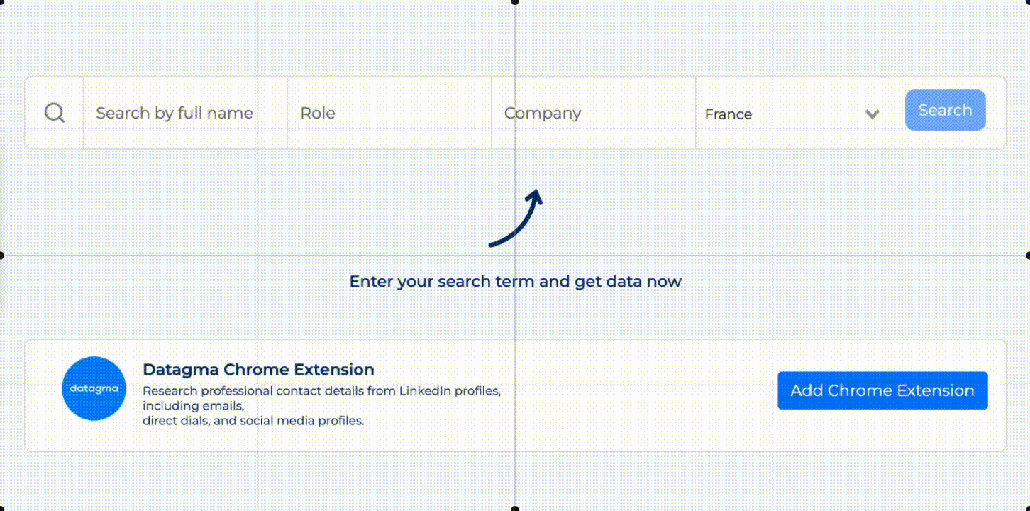 Barre de recherche Datagma par nom, role, entreprise et pays, avec encart d'installation de l'extension Chrome