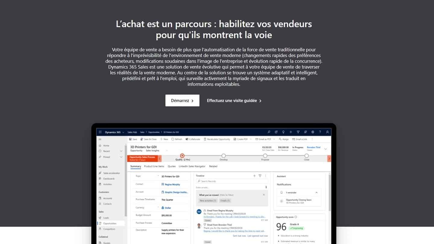 A página de apresentação do Dynamics 365 Sales, com uma oportunidade aberta no seu processo de venda, sua linha do tempo de trocas e uma pontuação de oportunidade de 96