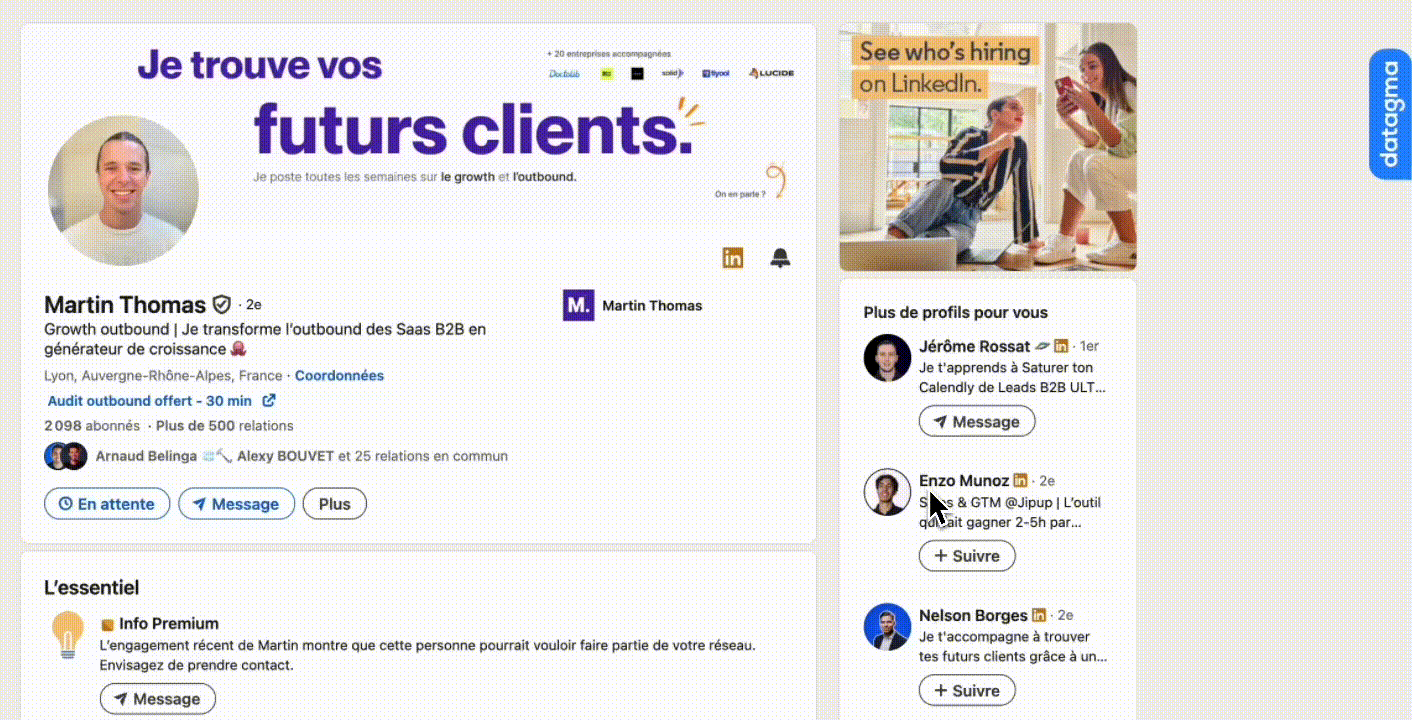 Profil LinkedIn de Martin Thomas : titre growth outbound, 2 098 abonnés, boutons Message et Plus, profils suggérés