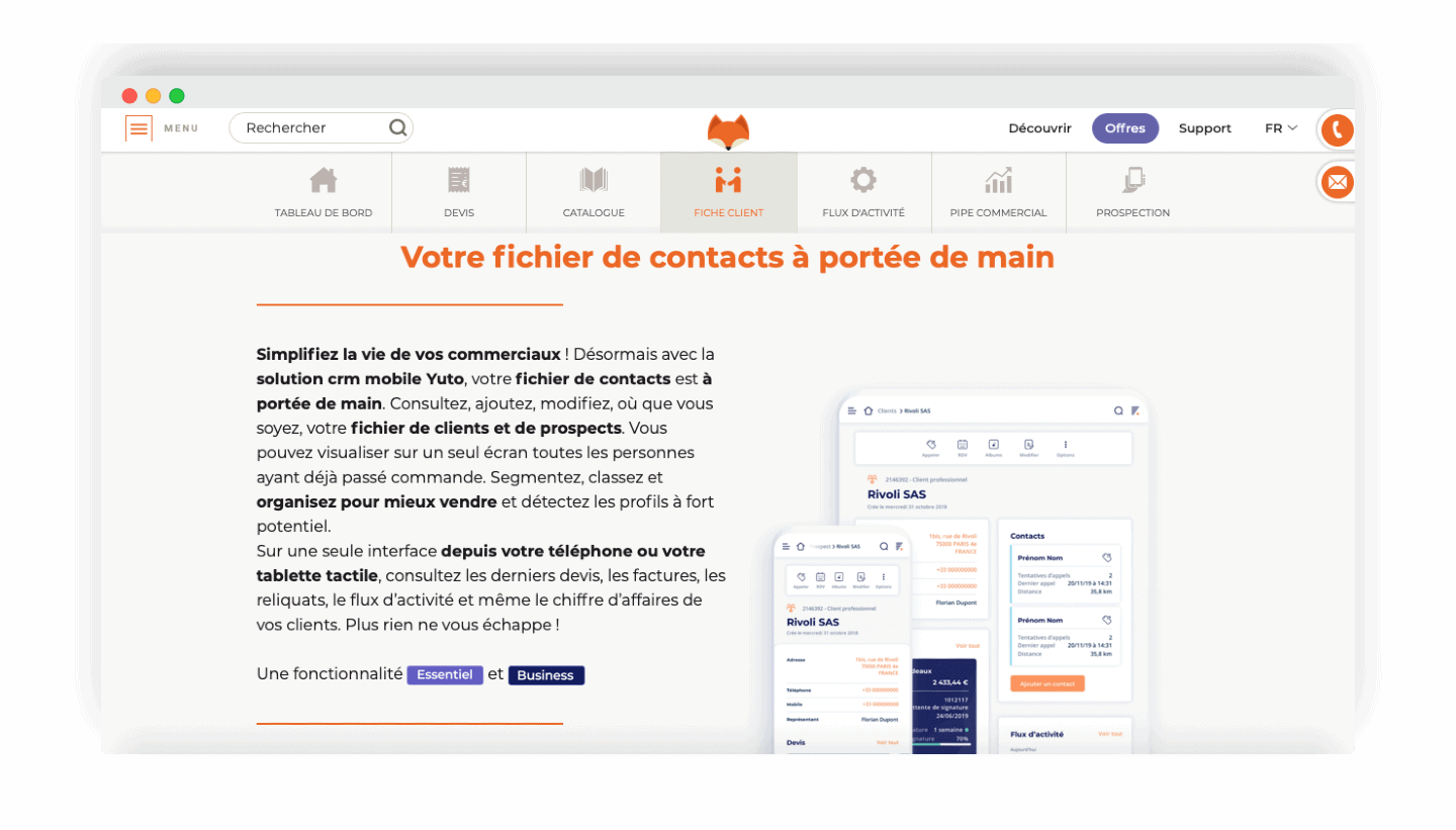 Ficha de cliente no Yuto, com a identidade do contato, sua empresa e seu telefone