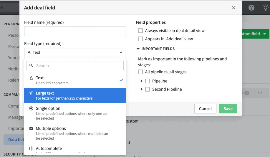 Janela « Add deal field » de um CRM: nome do campo, lista suspensa de tipos (Text, Large text, Single option…) e propriedades