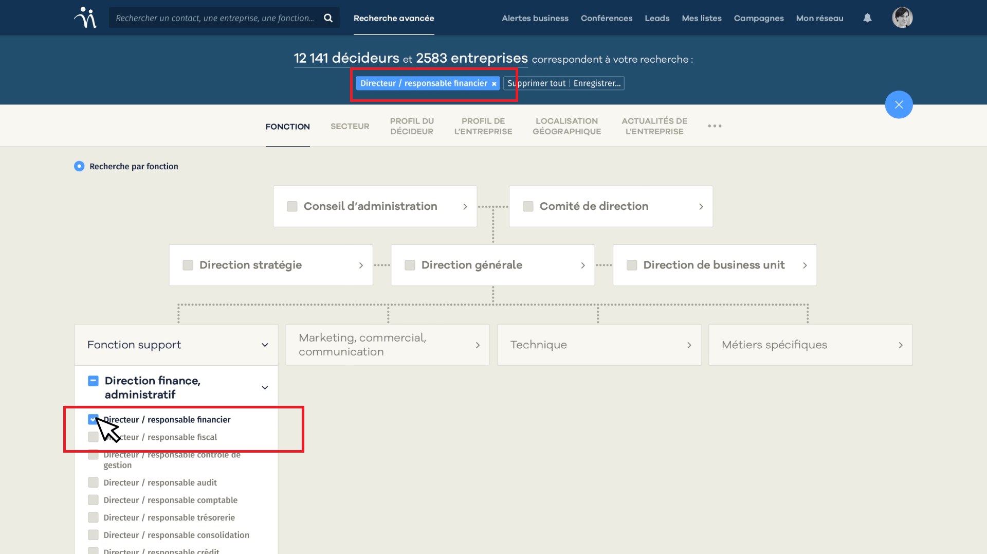 Le sélecteur de fonction en vue organigramme dans Nomination
