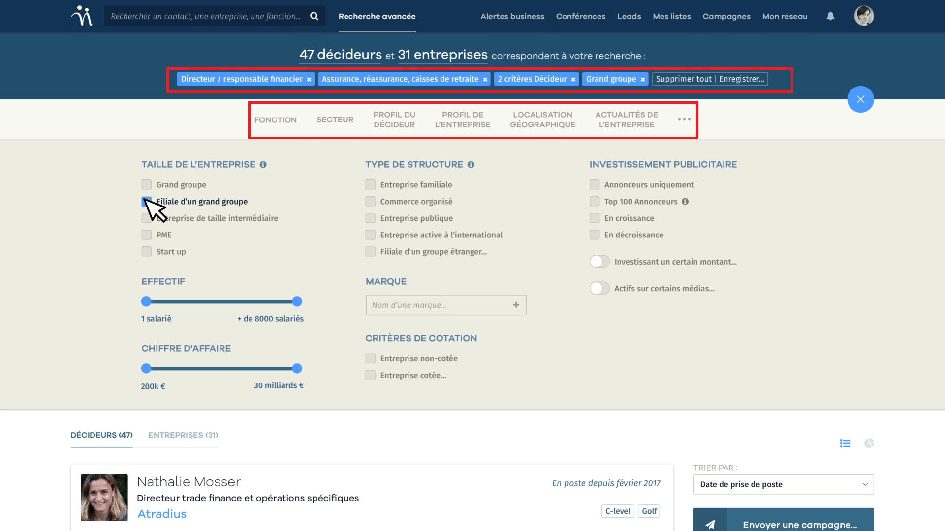 Le résultat d'une recherche combinant plusieurs filtres dans Nomination