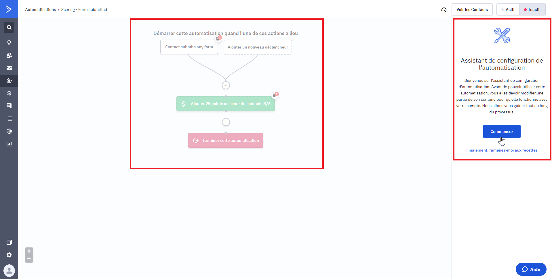Um cenário de scoring no ActiveCampaign: disparo pelo envio de um formulário, acréscimo de 25 pontos à pontuação do contato, e o assistente de configuração à direita