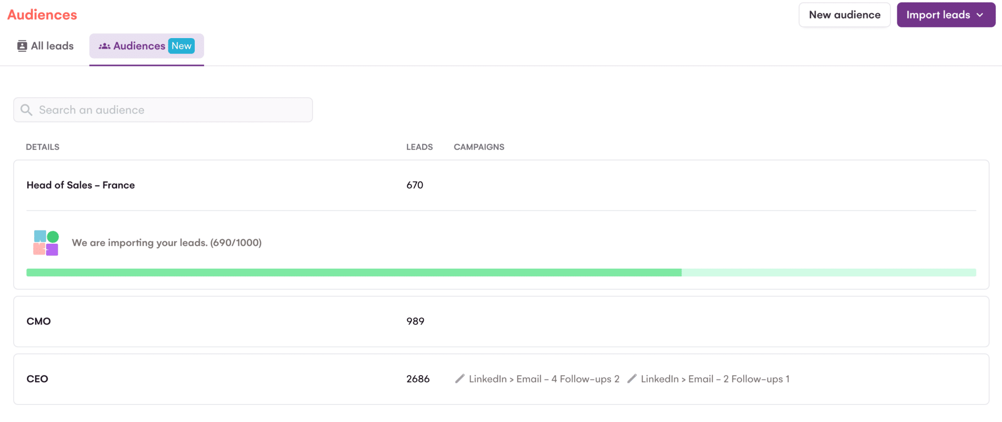 Le gestionnaire d'audiences de La Growth Machine, qui segmente les leads