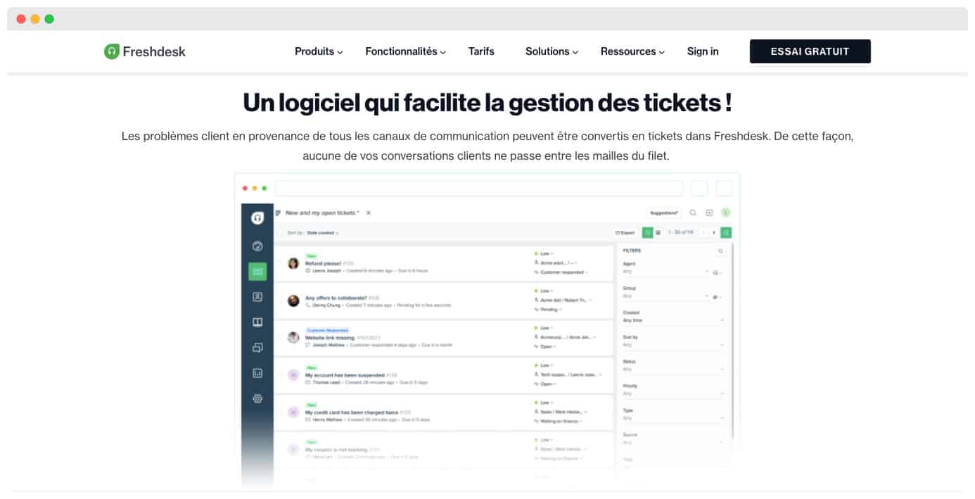 Site do Freshdesk mostrando a gestão de tickets, com a lista de tickets abertos e seus filtros à direita
