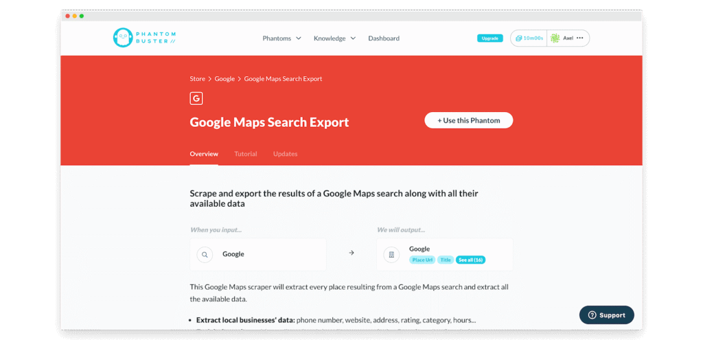 PhantomBuster: página do Phantom Google Maps Search Export, aba Overview, com exemplo de entrada e dados extraídos
