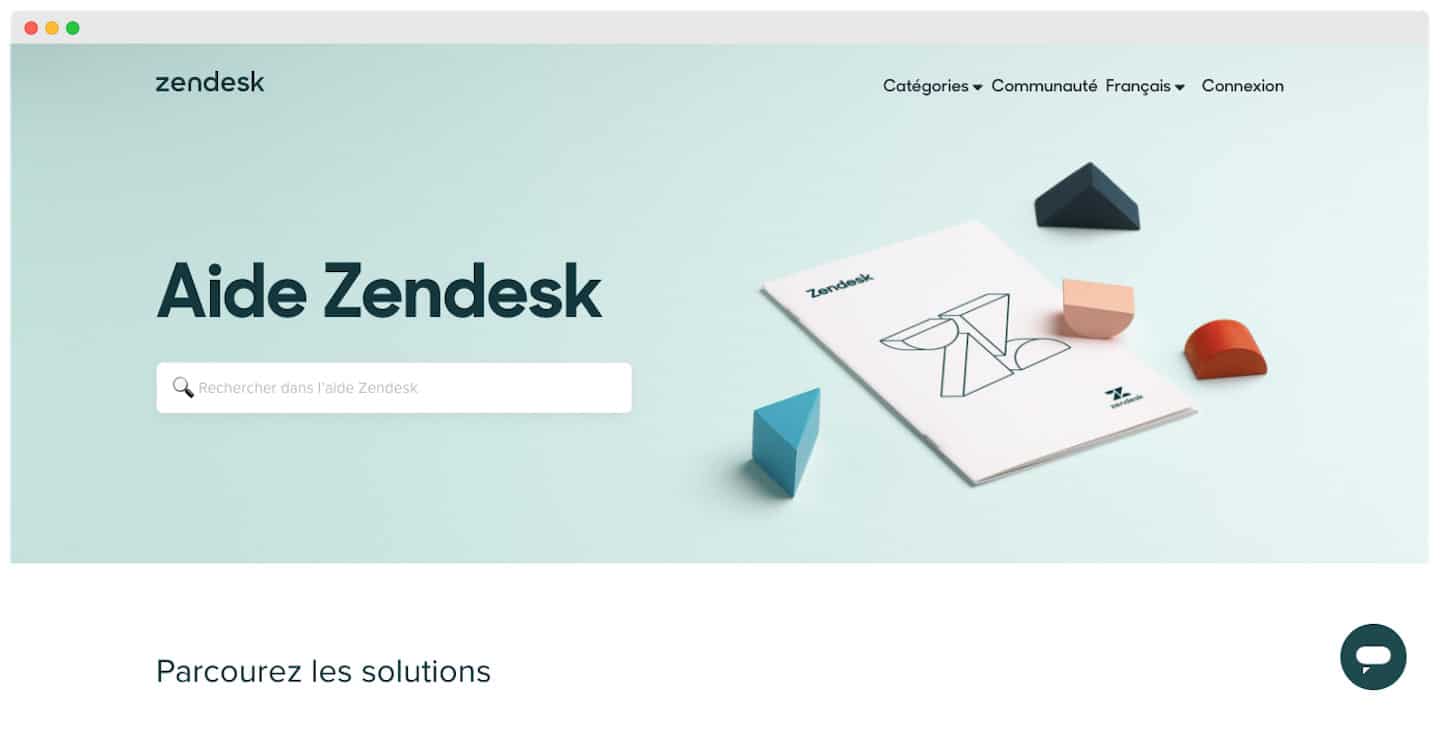 Central de ajuda do Zendesk com barra de busca, menus Categorias, Comunidade, Idioma e seção Explore as soluções