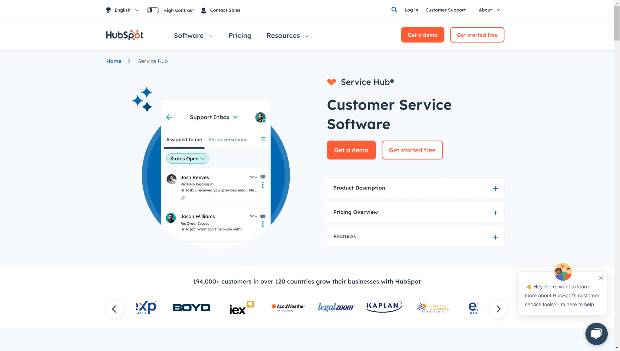 Page HubSpot Service Hub : logiciel de service client, avec aperçu de la boîte de réception de support