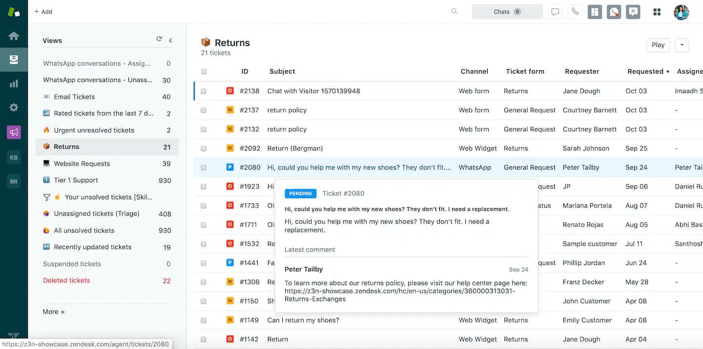 Zendesk : vue "Returns" listant 21 tickets par canal, formulaire et demandeur, avec aperçu du ticket #2080