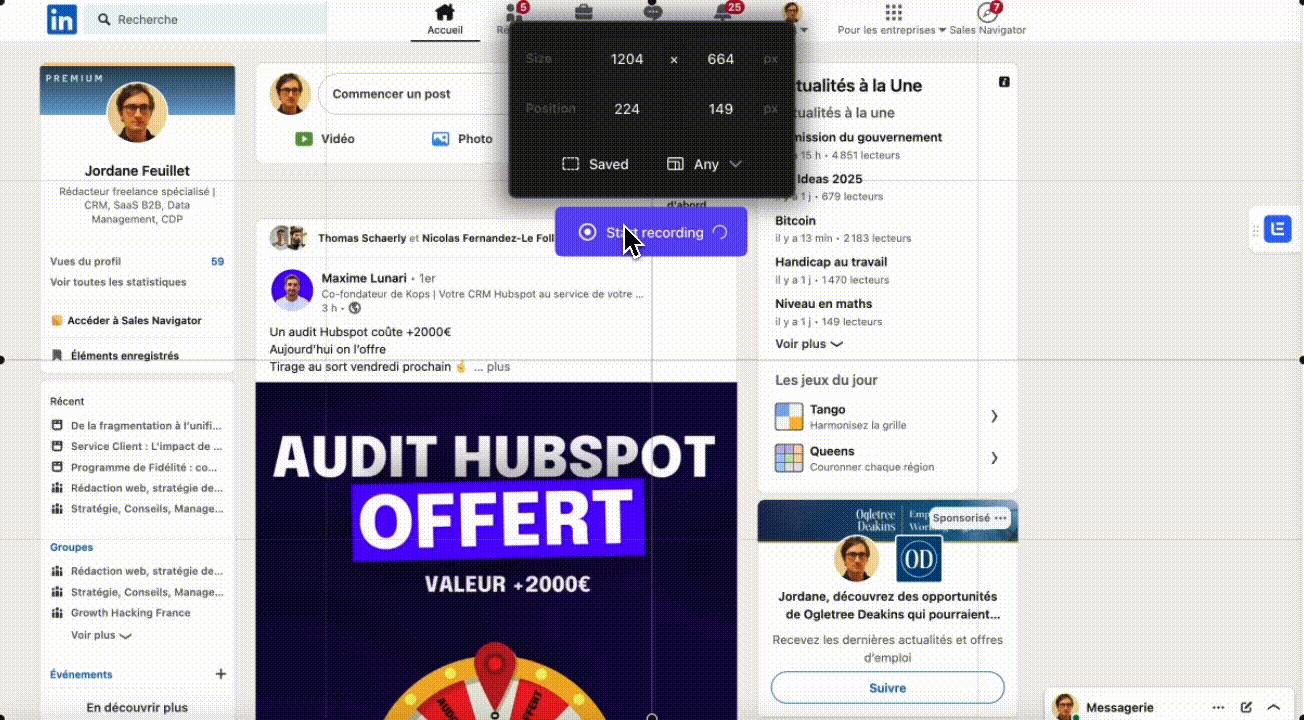 Feed do LinkedIn com um post "Auditoria Hubspot grátis" e uma ferramenta de captura mostrando a área de 1204 x 664 px