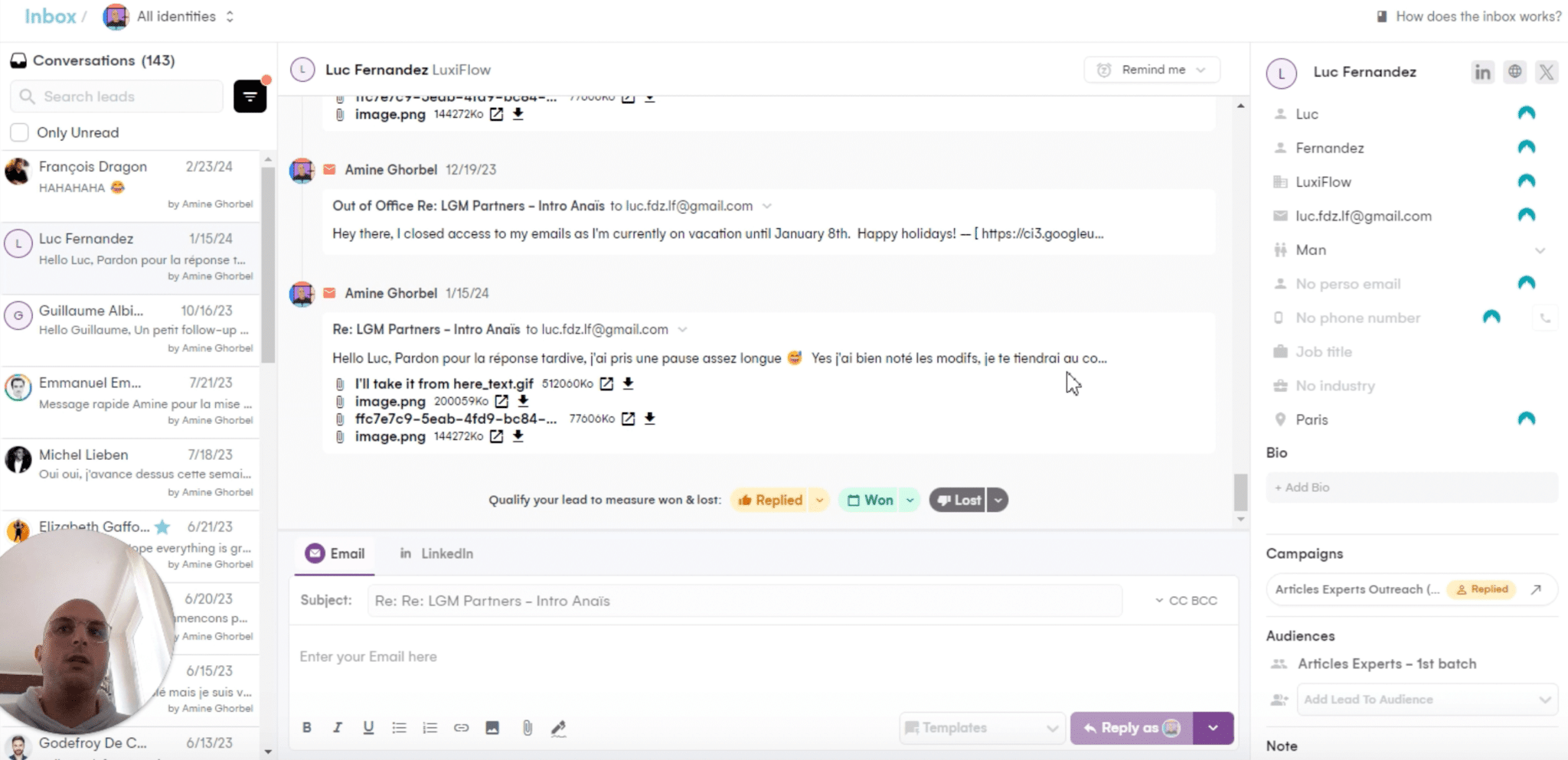 L'inbox de La Growth Machine, qui centralise les réponses email et LinkedIn