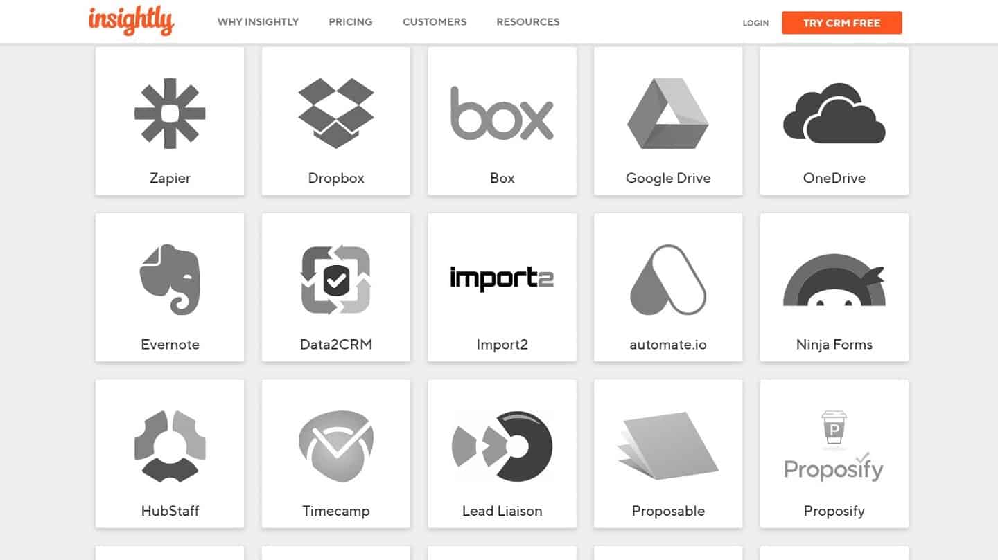 A galeria de integrações do site do Insightly: Zapier, Dropbox, Box, Google Drive, OneDrive, Evernote, Ninja Forms, Proposable e Proposify