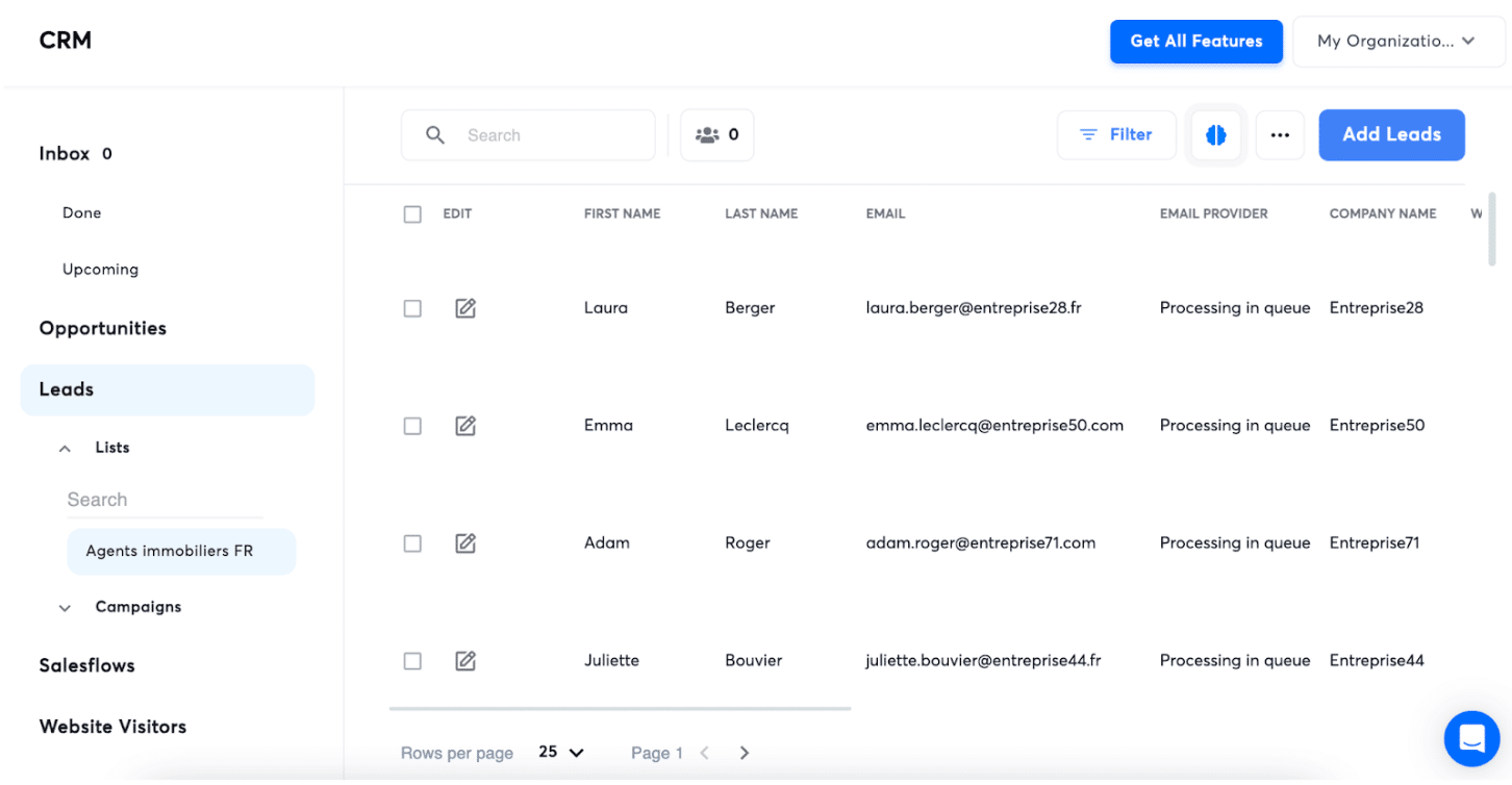 La vue Kanban du CRM d'Instantly